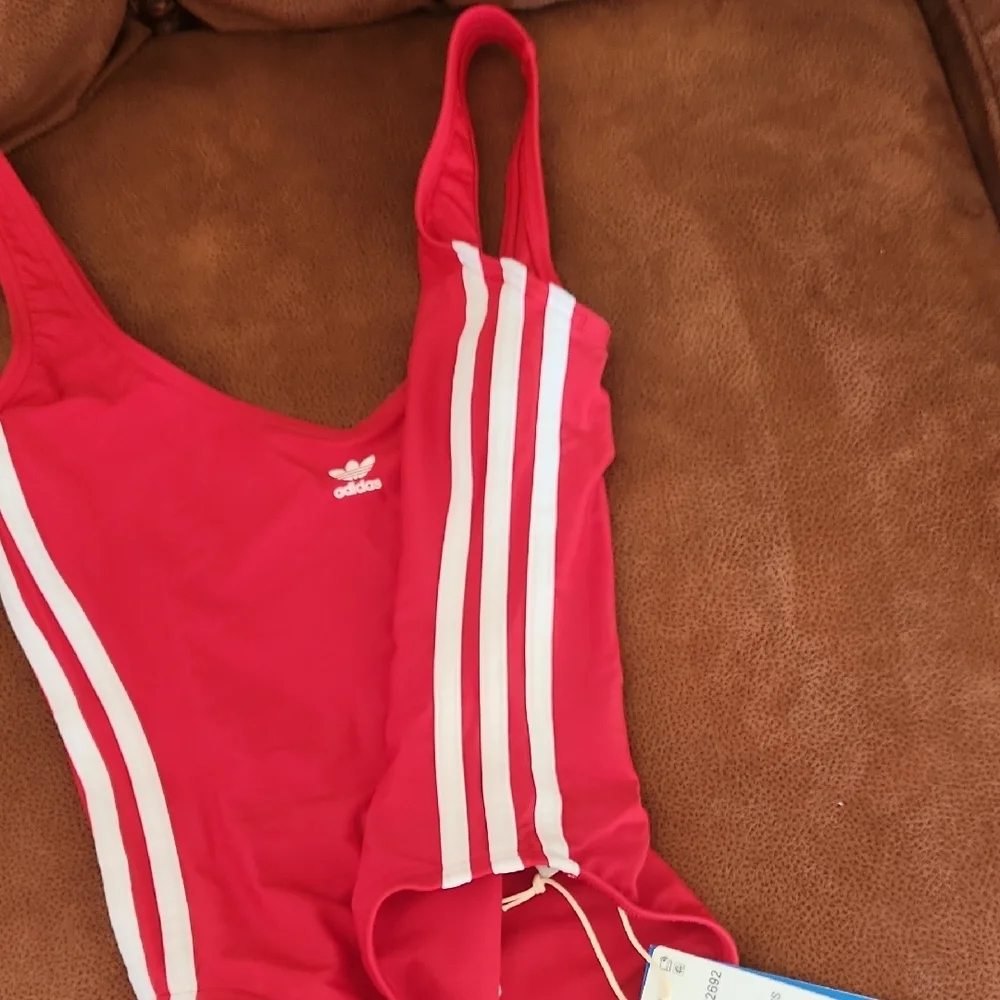 Adidas Red One-Piece Swimsuit with White Side Stripes - Picture 4 of 14
